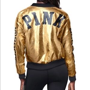 VS PINK METALLIC GOLD BOMBER JACKET